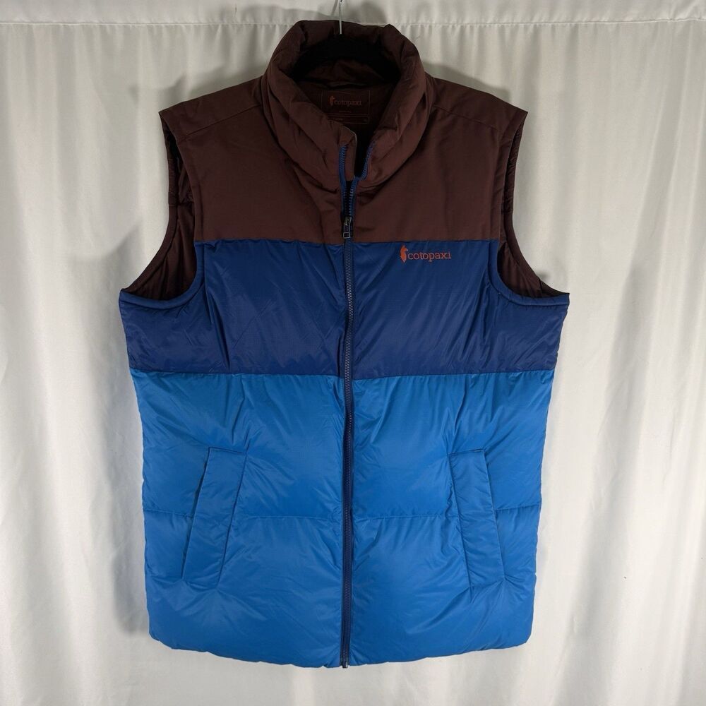 Cotopaxi Puffer Down Vest Men's Medium Long Blue Color Block Pockets Sleeveless